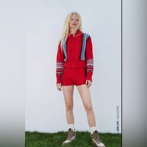 NWT Zara Knit Jacquard Zip Up Sweater S Red